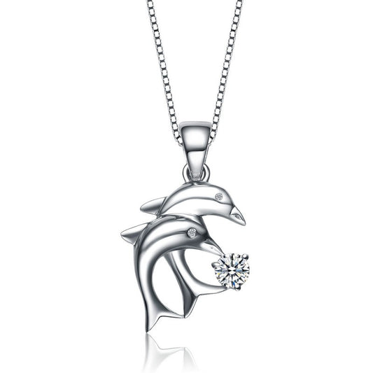 Silver Twin Dolphin Cubic Zirconia Necklace