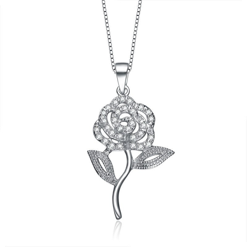 Silver Rose Flower Sparkling Gem Necklace