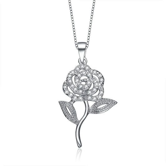 Silver Rose Flower Sparkling Gem Necklace