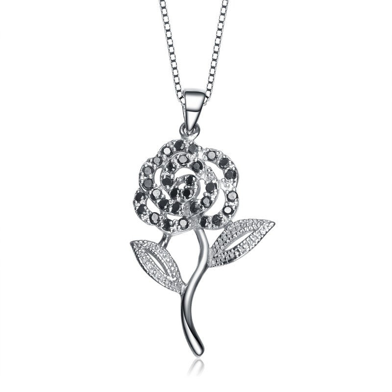 Silver Rose Flower Sparkling Black Gem Necklace