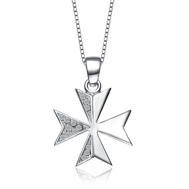 Sterling Silver Medieval Maltese Cross Cubic Zirconia Necklace