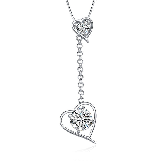 Silver Twin Heart Lariat Drop Necklace