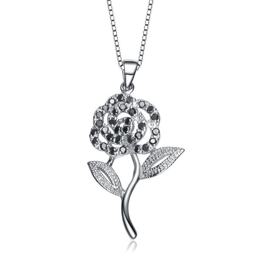 Silver Rose Flower Sparkling Black Gem Necklace