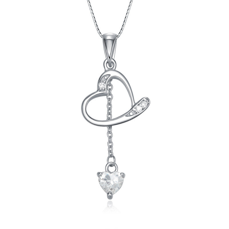 Silver Double Heart Cubic Zirconia Lariat Necklace