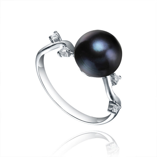 Sterling Silver Black Pearl Cubic Zirconia Ring