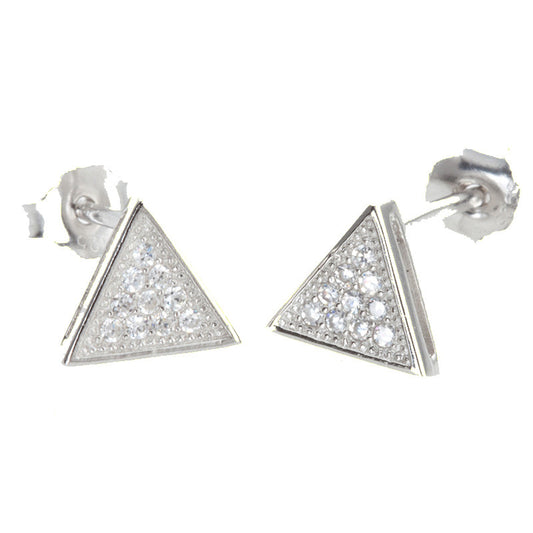 Silver Cubic Zirconia Triangle Micro Pave Stud Earrings